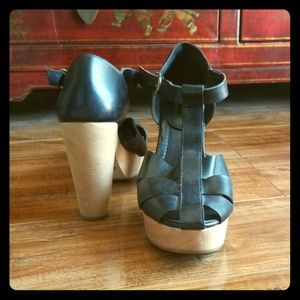 Madewell Black Leather wooden platform heels